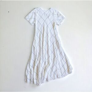 Grizas Maxi Washed Linen Short Sleeve Asymmetrical Hem Flared Windowpane Dress M